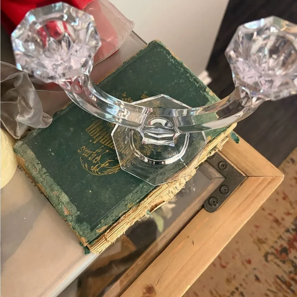 Vintage double arm glass Elegant Crystal Candle Holder with Blue Candles